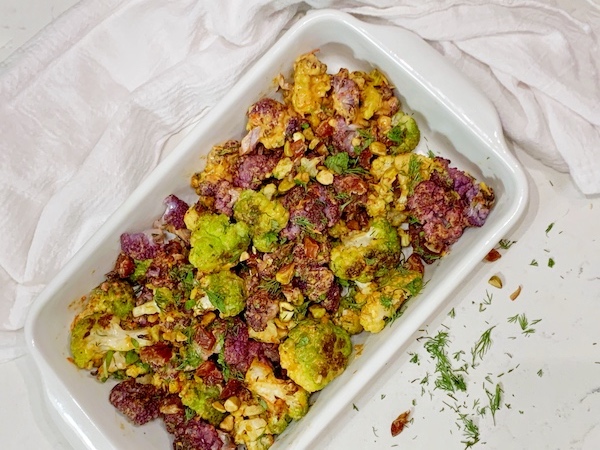 Overhead Roasted Mediterranean Cauliflower with Tahini & Harissa