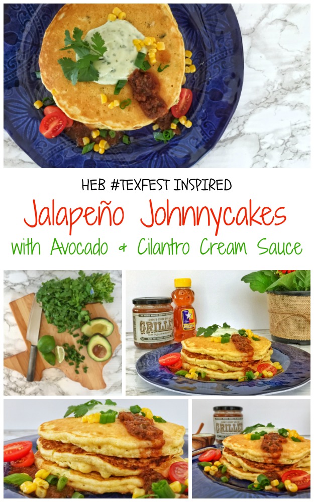 Jalapeño Johnnycakes - These HEB #TexFest inspired Jalapeño Johnnycakes are made with local Texan ingredients for a spicy, corn-filled pancakes all cooled down with an Avocado & Cilantro Cream Sauce. They’re a savory meal fit for breakfast, lunch or dinner. #sponsored