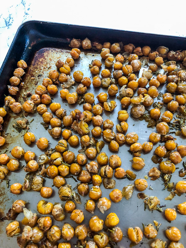 Crispy Rosemary Garlic Chickpeas on a tray