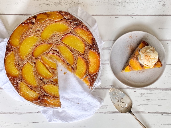 Bourbon Peach Upside Down Cake a la mode overhead