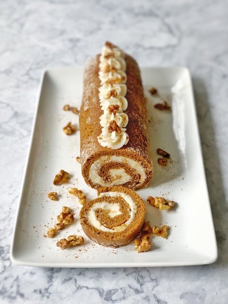 Decorated pumpkin spice roll cake