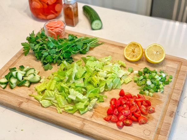 Salad ingredients for falafel bowls